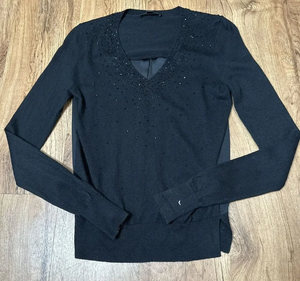 Ann Taylor Women’s Black Wool Blend Sweater Long Sleeve Beaded Front Size XS